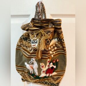 Embroidered Drawstring Bag with Llama Design Handmade Peruvian Bag
